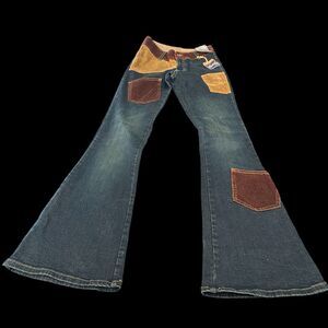 Boot Cut Patchwork Jeans in Dark Denim with Brown & Tan Accents